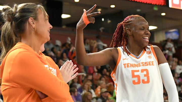 Mar 5, 2025; Greenville, South Carolina, USA; Tennessee head coach Kim Caldwell looks at Tennessee forward Jillian Hollingshead (53) celebrating during the fourth quarter of the Southeastern Conference Women's Basketball Tournament game with Texas A&M at Bon Secours Wellness Arena.  Mandatory Credit: Ken Ruinard/USA TODAY NETWORK via Imagn Images