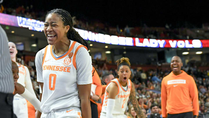 Mar 5, 2025; Greenville, South Carolina, USA; Tennessee guard Jewel Spear (0) reacts after making a three-point shot against Texas A&M during the fourth quarter of the Southeastern Conference Women's Basketball Tournament at Bon Secours Wellness Arena.  Mandatory Credit: Ken Ruinard/USA TODAY NETWORK via Imagn Images