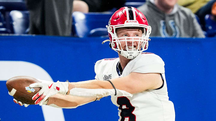 Heritage Hills Tyler Ruxer (8) celebrates catching a pass Saturday, Nov. 30, 2024, during the Class 3A state final matchup between Fort Wayne Bishop Luers and Heritage Hills at Lucas Oil Stadium in Indianapolis.