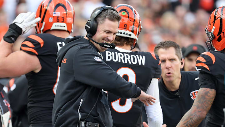 Dec 28, 2025; Cincinnati, Ohio, USA; Cincinnati Bengals head coach Zac Taylor celebrates after a play during the second half against the Arizona Cardinals at Paycor Stadium. Mandatory Credit: Joseph Maiorana-Imagn Images