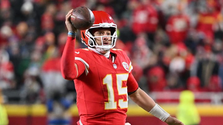 Dec 7, 2025; Kansas City, Missouri, USA; Kansas City Chiefs quarterback Patrick Mahomes (15) runs with the ball during the third quarter against the Houston Texans at GEHA Field at Arrowhead Stadium. Mandatory Credit: Amy Kontras-Imagn Images