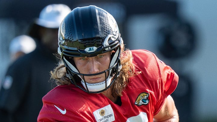 Jacksonville Jaguars quarterback Trevor Lawrence (16) fakes a handoff during the Jaguars 14th NFL training camp session at Miller Electric Center Tuesday August 12, 2025 in Jacksonville, Fla. The Jaguars travel to New Orleans to play the Saints this Sunday in their second preseason game. [Doug Engle/Florida Times-Union]