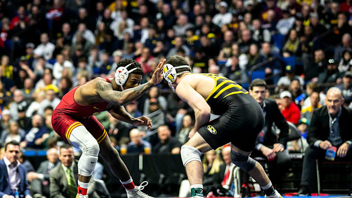 Iowa State's David Carr wrestles Missouri's Keegan O'Toole at 165 pounds in the finals during the sixth session of the NCAA Division I Wrestling Championships, Saturday, March 18, 2023, at BOK Center in Tulsa, Okla.