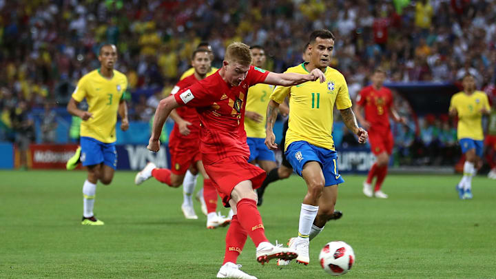 July 6, 2018; Kazan, Russia; Belgium player  Kevin De Bruyne scores a goal against Brazil in the