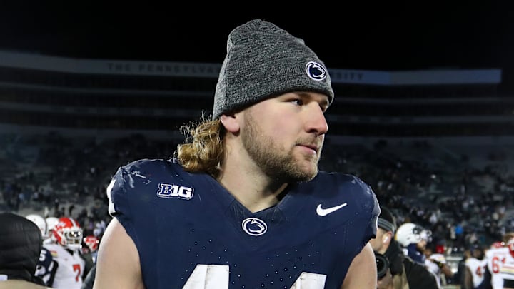 Nov 30, 2024; University Park, Pennsylvania, USA; Penn State Nittany Lions tight end Tyler Warren (44) stands on the field following a game against the Maryland Terrapins at Beaver Stadium. Penn State won 44-7. Mandatory Credit: Matthew O'Haren-Imagn Images