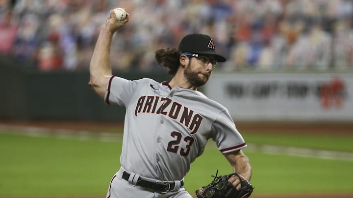 Sep 18, 2020; Houston, Texas, USA; Arizona Diamondbacks starting pitcher Zac Gallen (23) delivers a pitch during the fourth inning against the Houston Astros at Minute Maid Park.
