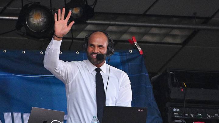 May 31, 2026; St. Louis, Missouri, USA; Broadcaster and former St. Louis Cardinals Albert Pujols waves to fans during the third inning of a game against the Chicago Cubs at Busch Stadium. Mandatory Credit: Jeff Curry-Imagn Images