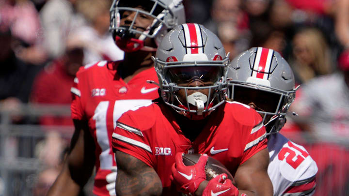April 13, 2024; Columbus, Ohio, USA; 
Ohio State Buckeyes running back Quinshon Judkins (1) of the