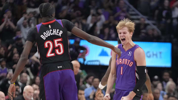 Nov 2, 2024; Toronto, Ontario, CAN; Toronto Raptors guard Gradey Dick (1) reacts after a play against the Sacramento Kings during the second half at Scotiabank Arena. Mandatory Credit: John E. Sokolowski-Imagn Images