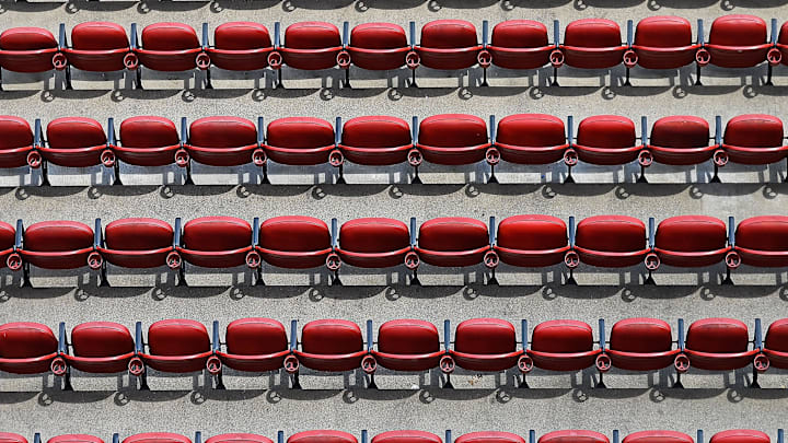 Jul 4, 2020; St. Louis, Missouri, United States; A view of empty seats during workouts at Busch Stadium. Mandatory Credit: Jeff Curry-Imagn Images