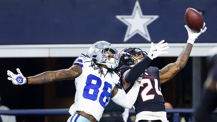 Nov 18, 2024; Arlington, Texas, USA; Houston Texans cornerback Derek Stingley Jr. (24) defends a pass intended for Dallas Cowboys wide receiver CeeDee Lamb (88) during the second half at AT&T Stadium. Mandatory Credit: Kevin Jairaj-Imagn Images Nov 18, 2024; Arlington, Texas, USA; Houston Texans cornerback Derek Stingley Jr. (24) defends a pass intended for Dallas Cowboys wide receiver CeeDee Lamb (88) during the second half at AT&T Stadium. Mandatory Credit: Kevin Jairaj-Imagn Images
