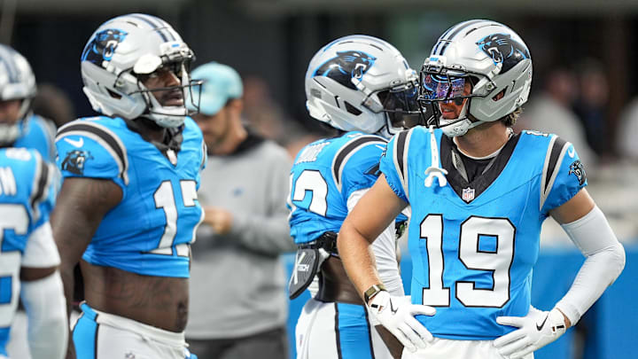 Aug 2, 2025; Charlottle, NC, USA; Carolina Panthers wide receiver Xavier Legette (17) chats with wide receiver Adam Thielen (19) during Fanfest at Bank of America Stadium. Mandatory Credit: Jim Dedmon-Imagn Images Aug 2, 2025; Charlottle, NC, USA; Carolina Panthers wide receiver Xavier Legette (17) chats with wide receiver Adam Thielen (19) during Fanfest at Bank of America Stadium. Mandatory Credit: Jim Dedmon-Imagn Images
