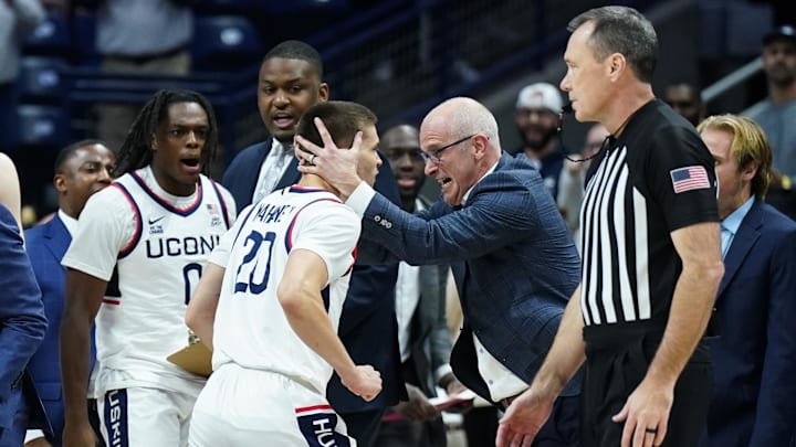 UConn Huskies head coach Dan Hurley reacts after a three point basket by guard Aidan Mahaney/