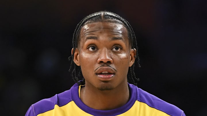 Quincy Olivari before the Lakers' 123–116 win over the Suns on Oct. 25, 2024.