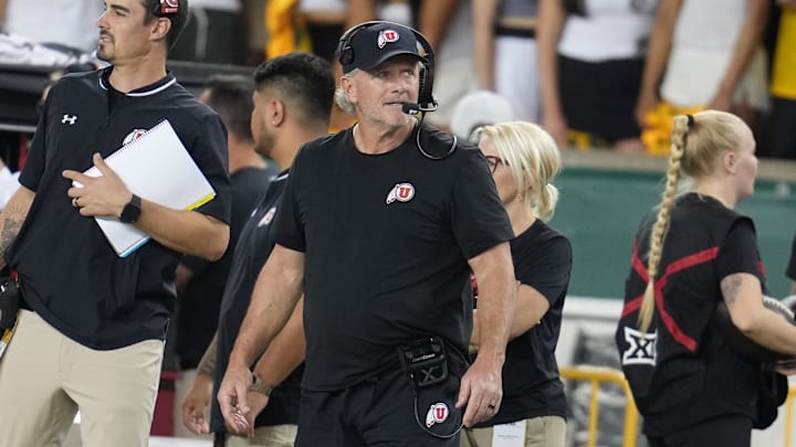 Nov 15, 2025; Waco, Texas, USA;  Utah Utes head coach Kyle Whittingham looks on from the sidelines during the first half against the Baylor Bears at McLane Stadium. Mandatory Credit: Chris Jones-Imagn Images