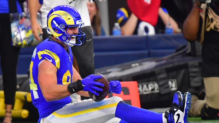 Dec 14, 2025; Inglewood, California, USA; Los Angeles Rams tight end Colby Parkinson (84) celebrates after a touchdown during the third quarter against the Detroit Lions at SoFi Stadium. Mandatory Credit: Gary A. Vasquez-Imagn Images