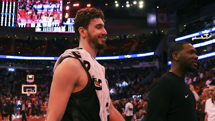 Nov 15, 2024; Houston, Texas, USA; Houston Rockets center Alperen Sengun (28) smiles while walking off the court after the game against the Los Angeles Clippers at Toyota Center. Mandatory Credit: Troy Taormina-Imagn Images