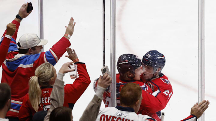 Rasmus Sandin, Connor McMichael, Washington Capitals Mandatory Credit: Geoff Burke-Imagn Images