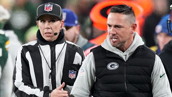 Green Bay Packers head coach Matt LaFleur is upset with a call during the fourth quarter of their