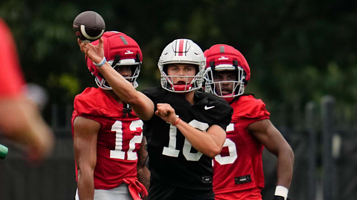 Ohio State Buckeyes quarterback Julian Sayin (10) throws during the first football practice of the season at the Woody Hayes Athletic Center on July 31, 2025. Ohio State Buckeyes quarterback Julian Sayin (10) throws during the first football practice of the season at the Woody Hayes Athletic Center on July 31, 2025.