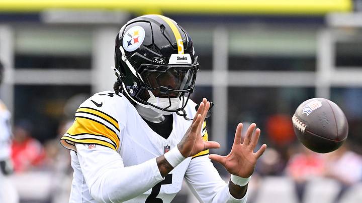 September 20, 2026; Foxborough, Massachusetts, USA; Pittsburgh Steelers cornerback Jalen Ramsey (5) warms up before a game against the New England Patriots at Gillette Stadium. Mandatory Credit: Eric Canha-Imagn Images