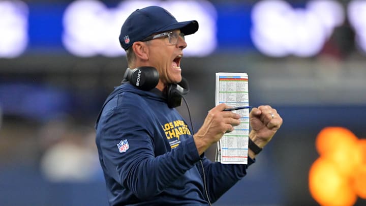 Nov 30, 2025; Inglewood, California, USA; Los Angeles Chargers head coach Jim Harbaugh reacts during the second half at SoFi Stadium. Mandatory Credit: Jayne Kamin-Oncea-Imagn Images