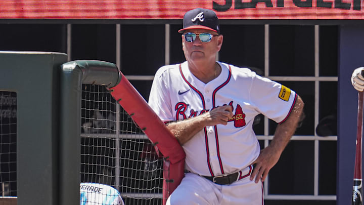 Aug 25, 2024; Cumberland, Georgia, USA; Atlanta Braves manager Brian Snitker (43) shown in the dugout during the game against the Washington Nationals during the ninth inning at Truist Park. Mandatory Credit: Dale Zanine-Imagn Images