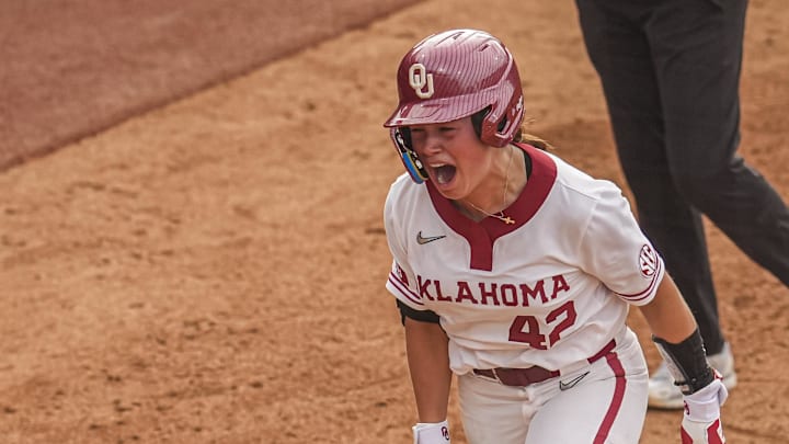May 9, 2025; Athens, GA, USA; Oklahoma infielder Gabbie Garcia (42) reacts after hitting a walk-off three-run home run to defeat Arkansas at Jack Turner Softball Stadium. Mandatory Credit: Dale Zanine-Imagn Images