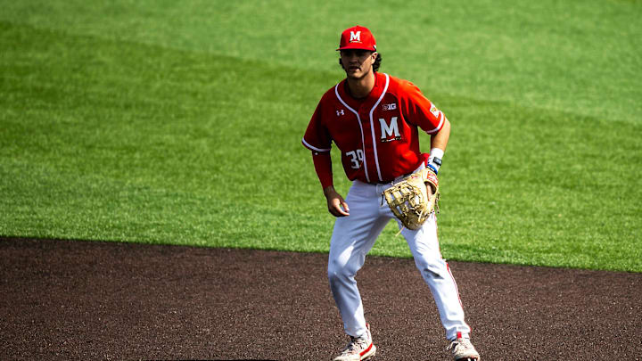 Maryland's Eddie Hacopian gets set during a NCAA Big Ten Conference baseball game against Iowa, Friday, March 31, 2023, at Duane Banks Field in Iowa City, Iowa.

230331 Maryland Iowa B 027 Jpg