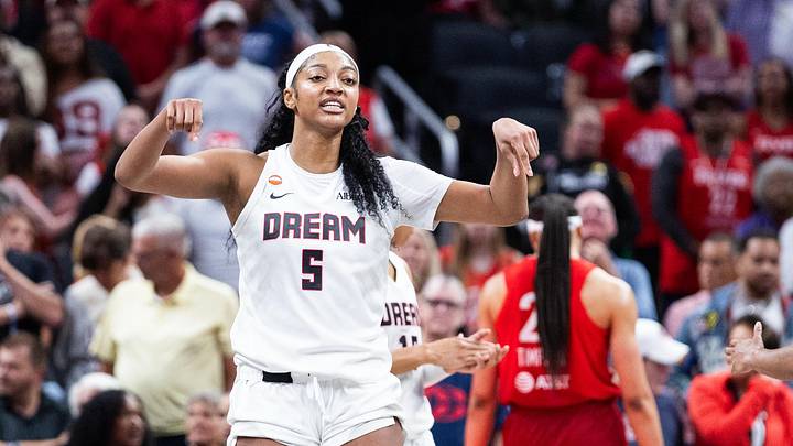 Jun 18, 2026; Indianapolis, Indiana, USA; Atlanta Dream forward Angel Reese (5) celebrates a basket in the second half against the Indiana Fever at Gainbridge Fieldhouse. Mandatory Credit: Trevor Ruszkowski-Imagn Images Jun 18, 2026; Indianapolis, Indiana, USA; Atlanta Dream forward Angel Reese (5) celebrates a basket in the second half against the Indiana Fever at Gainbridge Fieldhouse. Mandatory Credit: Trevor Ruszkowski-Imagn Images