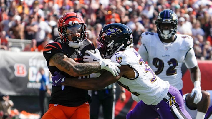 Cincinnati Bengals halfback Chase Brown (30) is stopped by Baltimore Ravens safety Marcus Williams (32) in the NFL Week 5 the Sunday October 6, 2024 at Payor Stadium. Cincinnati Bengals halfback Chase Brown (30) is stopped by Baltimore Ravens safety Marcus Williams (32) in the NFL Week 5 the Sunday October 6, 2024 at Payor Stadium.