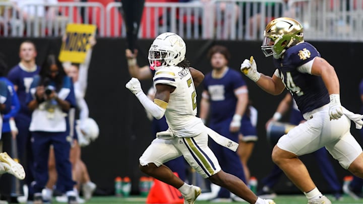 Oct 19, 2024; Atlanta, Georgia, USA; Georgia Tech Yellow Jackets wide receiver Eric Singleton Jr. (2) runs the ball against the Notre Dame Fighting Irish in the second quarter at Mercedes-Benz Stadium. Mandatory Credit: Brett Davis-Imagn Images