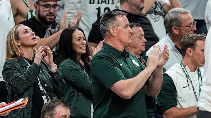 Michigan State football head coach Pat Fitzgerald cheers on during the second half against Duke at Breslin Center in East Lansing on Saturday, Dec. 6, 2025. Michigan State football head coach Pat Fitzgerald cheers on during the second half against Duke at Breslin Center in East Lansing on Saturday, Dec. 6, 2025.