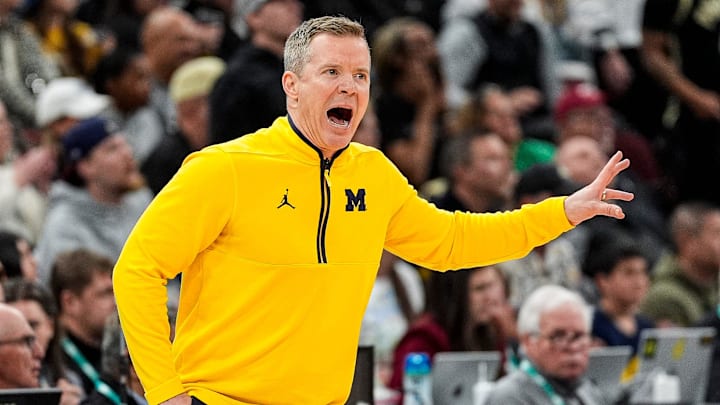 Michigan head coach Dusty May reacts to a play against Purdue during the first half of Big Ten Tournament final at United Center in Chicago on Sunday, March 15, 2026.