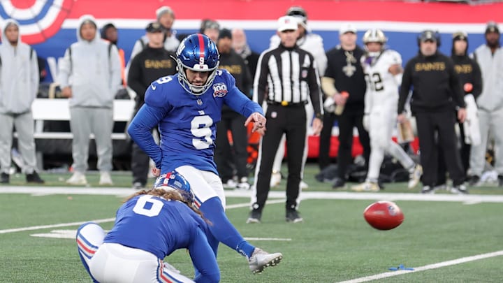 Dec 8, 2024; East Rutherford, New Jersey, USA; New York Giants place kicker Graham Gano (9) misses a potential game-tying field goal against the New Orleans Saints during the fourth quarter at MetLife Stadium. Dec 8, 2024; East Rutherford, New Jersey, USA; New York Giants place kicker Graham Gano (9) misses a potential game-tying field goal against the New Orleans Saints during the fourth quarter at MetLife Stadium.