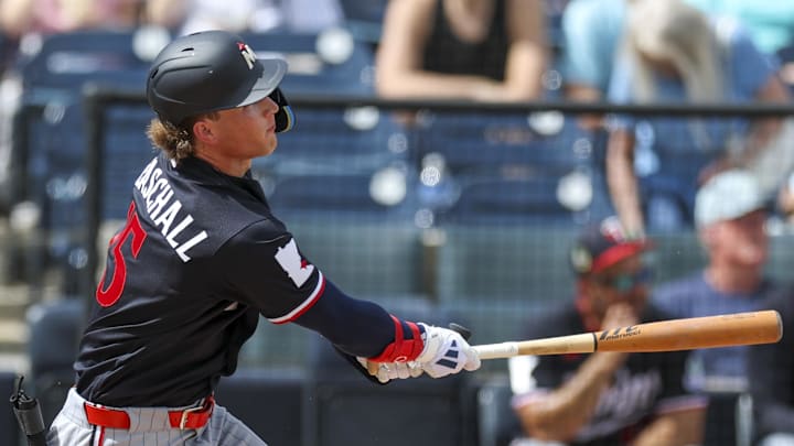 Mar 5, 2026; Tampa, Florida, USA; Minnesota Twins left fielder Luke Keaschall (15) hits a home run against the New York Yankees in the third inning during spring training at George M. Steinbrenner Field. Mandatory Credit: Nathan Ray Seebeck-Imagn Images