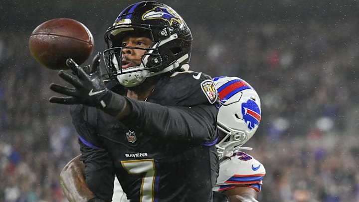 Sep 29, 2024; Baltimore, Maryland, USA;  Baltimore Ravens wide receiver Rashod Bateman (7) reacts as Buffalo Bills cornerback Rasul Douglas (31) holds him in the endzone during the second half at M&T Bank Stadium. Mandatory Credit: Tommy Gilligan-Imagn Images
