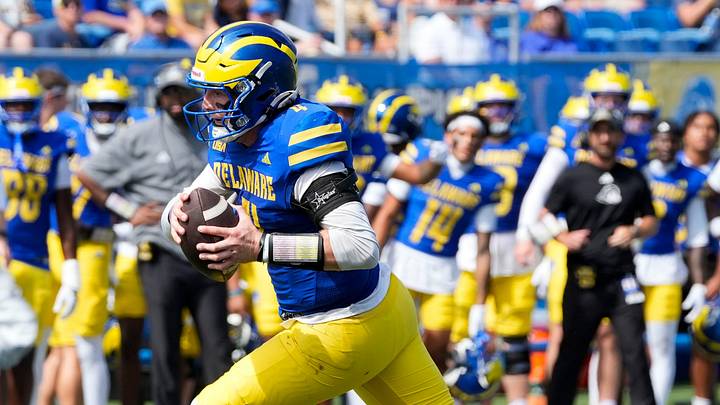 Delaware quarterback Nick Minicucci takes the ball into the end zone for a two point conversion in the Blue Hens’ 22-14 win against Coast Carolina at Delaware Stadium, Sept. 19, 2026. Delaware quarterback Nick Minicucci takes the ball into the end zone for a two point conversion in the Blue Hens’ 22-14 win against Coast Carolina at Delaware Stadium, Sept. 19, 2026.