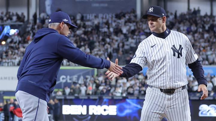 Oct 7, 2026; Bronx, New York, USA; Tampa Bay Rays manager Kevin Cash and New York Yankees manager Aaron Boone shake hands before game three of the ALDS for the 2026 MLB Playoffs at Yankee Stadium. Mandatory Credit: Brad Penner-Imagn Images Oct 7, 2026; Bronx, New York, USA; Tampa Bay Rays manager Kevin Cash and New York Yankees manager Aaron Boone shake hands before game three of the ALDS for the 2026 MLB Playoffs at Yankee Stadium. Mandatory Credit: Brad Penner-Imagn Images