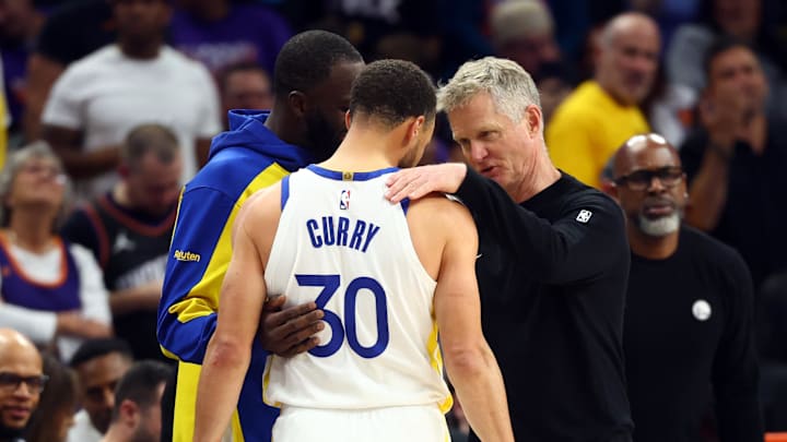 Steve Kerr, Steph Curry and Draymond Green shared an emotional moment as the Warriors were eliminated from playoff contention