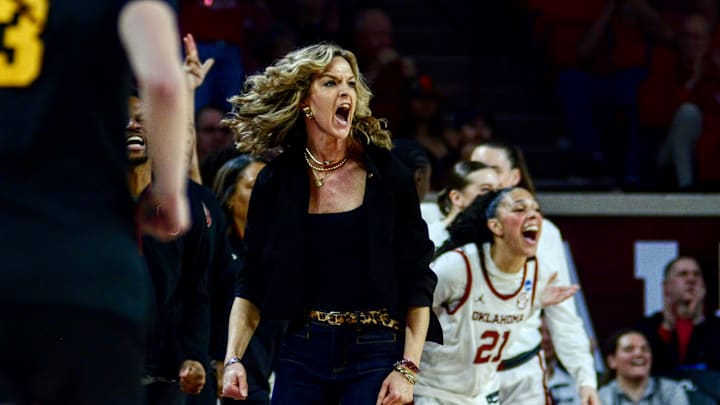Oklahoma coach Jennie Baranczyk celebrates during the Sooners' win over Idaho in the First Round of the NCAA Tournament at the Lloyd Noble Center.
