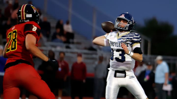 Pennsylvania quarterback Patrick Madden throws a pass during the second half of the Big 33 Sunday at Cumberland Valley High School. Maryland beat Pennsylvania 42-21
