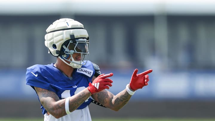 New York Giants wide receiver Jalin Hyatt (13) reacts during training camp at Quest Diagnostics Training Center. Mandatory Credit: Vincent Carchietta-Imagn Images
