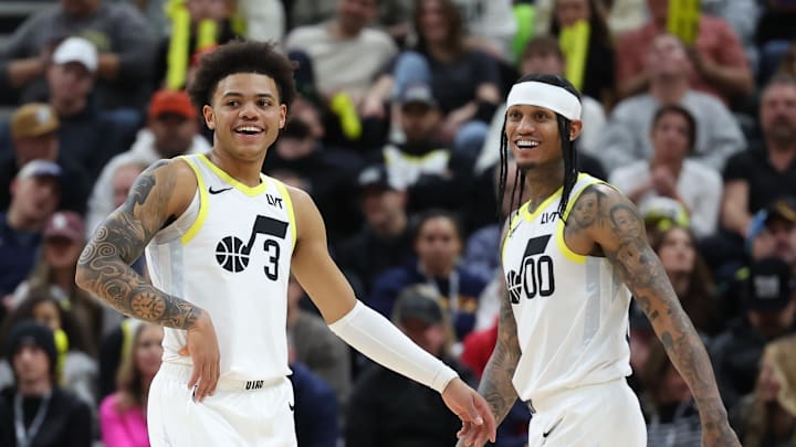 Jan 13, 2024; Salt Lake City, Utah, USA; Utah Jazz guard Keyonte George (3) and guard Jordan Clarkson (00) reacts to a play against the Los Angeles Lakers during the fourth quarter at Delta Center. Mandatory Credit: Rob Gray-Imagn Images