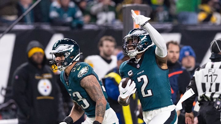 Dec 15, 2024; Philadelphia, Pennsylvania, USA; Philadelphia Eagles cornerback Darius Slay Jr. (2) celebrates with linebacker Zack Baun (53) after his fumble recovery during the third against the Pittsburgh Steelers quarter at Lincoln Financial Field. Mandatory Credit: Bill Streicher-Imagn Images Dec 15, 2024; Philadelphia, Pennsylvania, USA; Philadelphia Eagles cornerback Darius Slay Jr. (2) celebrates with linebacker Zack Baun (53) after his fumble recovery during the third against the Pittsburgh Steelers quarter at Lincoln Financial Field. Mandatory Credit: Bill Streicher-Imagn Images