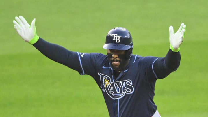 Tampa Bay Rays first baseman Yandy Diaz (2) celebrates his double in the first inning against the Cleveland Guardians at Progressive Field on Sept 12.