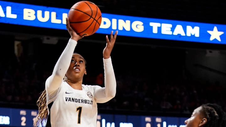 Vanderbilt guard Mikayla Blakes (1) shoots against Tennessee during the third quarter at Memorial Gym in Nashville, Tenn., Sunday, Jan. 19, 2025.