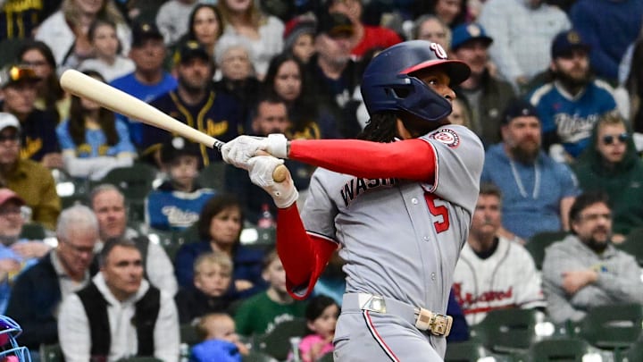 Apr 10, 2026; Milwaukee, Wisconsin, USA; Washington Nationals shortstop CJ Abrams (5) drives in a run with a base hit in the first inning against the Milwaukee Brewers at American Family Field. Mandatory Credit: Benny Sieu-Imagn Images Apr 10, 2026; Milwaukee, Wisconsin, USA; Washington Nationals shortstop CJ Abrams (5) drives in a run with a base hit in the first inning against the Milwaukee Brewers at American Family Field. Mandatory Credit: Benny Sieu-Imagn Images