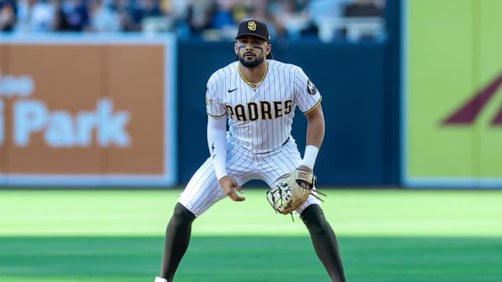 Apr 11, 2026; San Diego, California, USA; San Diego Padres second baseman Fernando Tatis Jr. (23) during the first inning against the Colorado Rockies at Petco Park. Mandatory Credit: David Frerker-Imagn Images