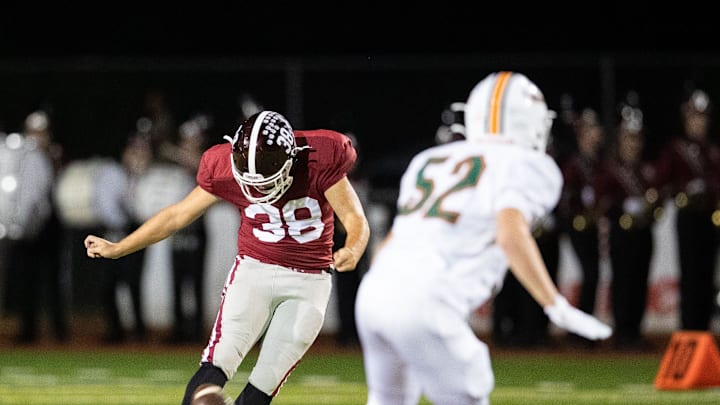 Chiles kicker Bobby Engstler (38) kicks the ball. The Chiles Timberwolves defeated the Mosley